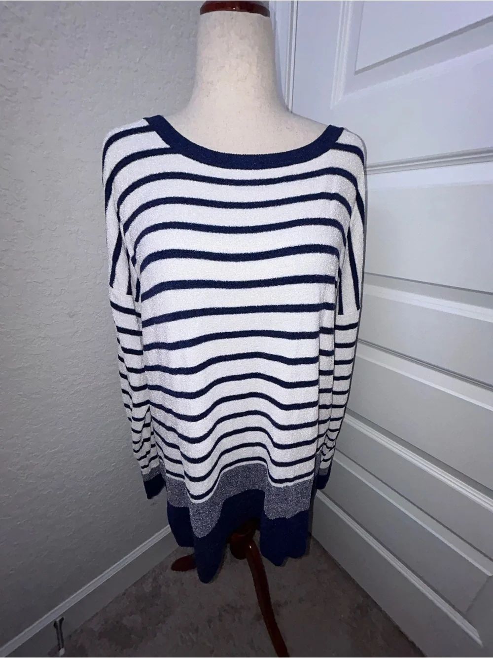 Barefoot Dreams CozyChic Ultra Lite Stripe Print Boat Neck Tunic Sweater Top
